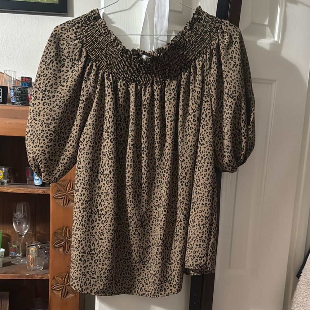 Tan and Brown Off the Shoulder Puff Sleeve Smocked Blouse